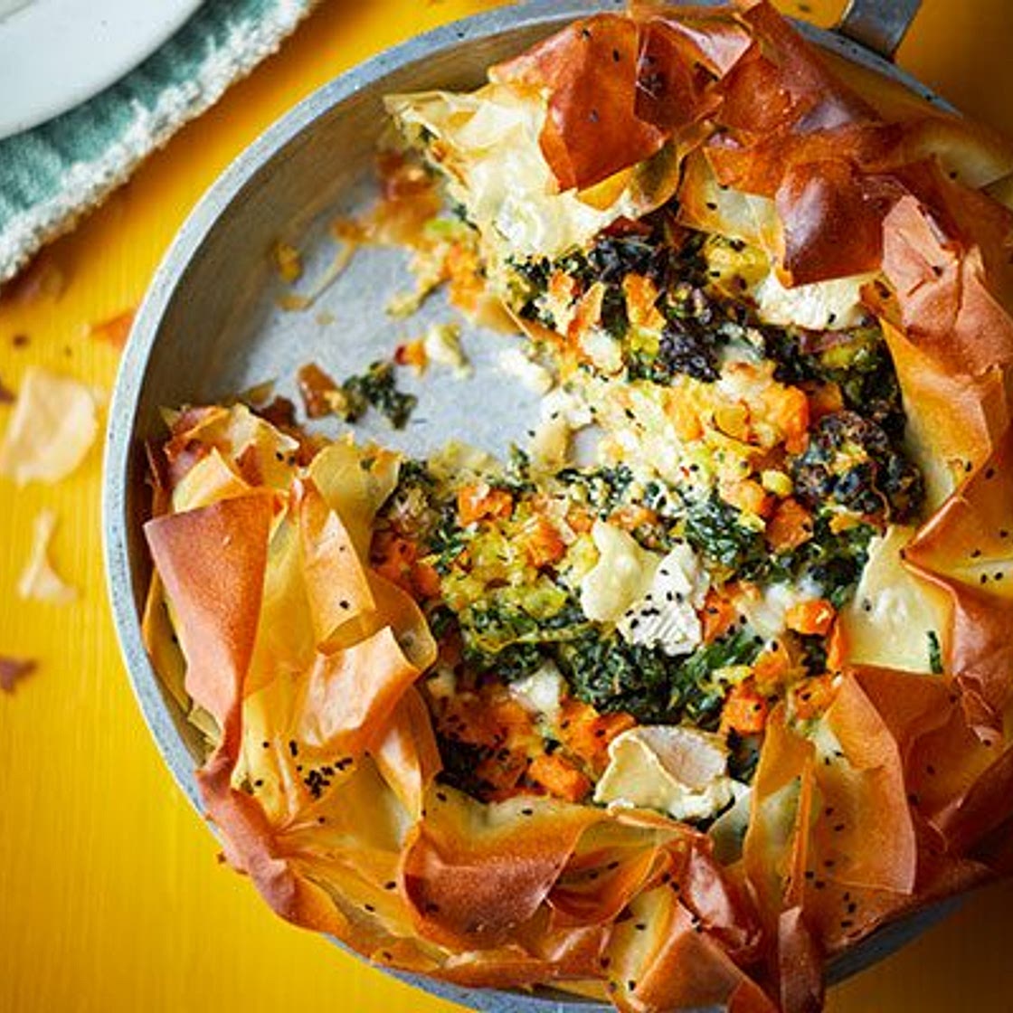 Open leek & sweet potato pie