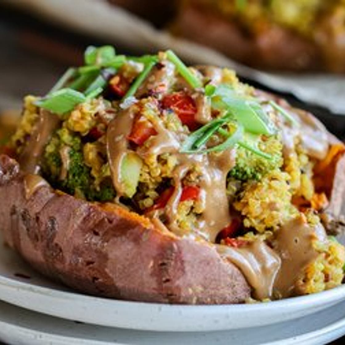 Quinoa & Red Lentil Stuffed Sweet Potatoes