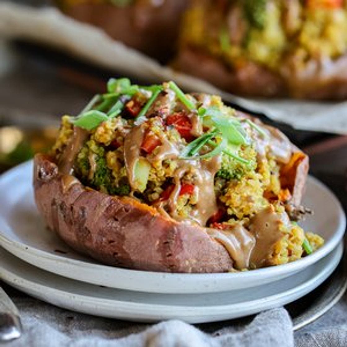 Quinoa & Red Lentil Stuffed Sweet Potatoes