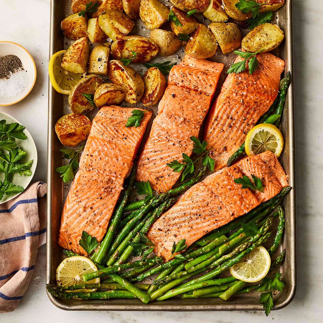 Garlic Butter–Roasted Salmon with Potatoes & Asparagus