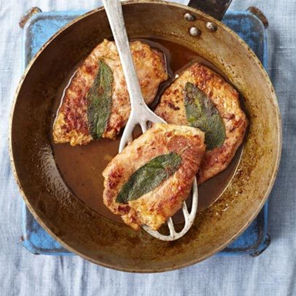 Veal escalopes wrapped with prosciutto, sage & lemon (saltimbocca)