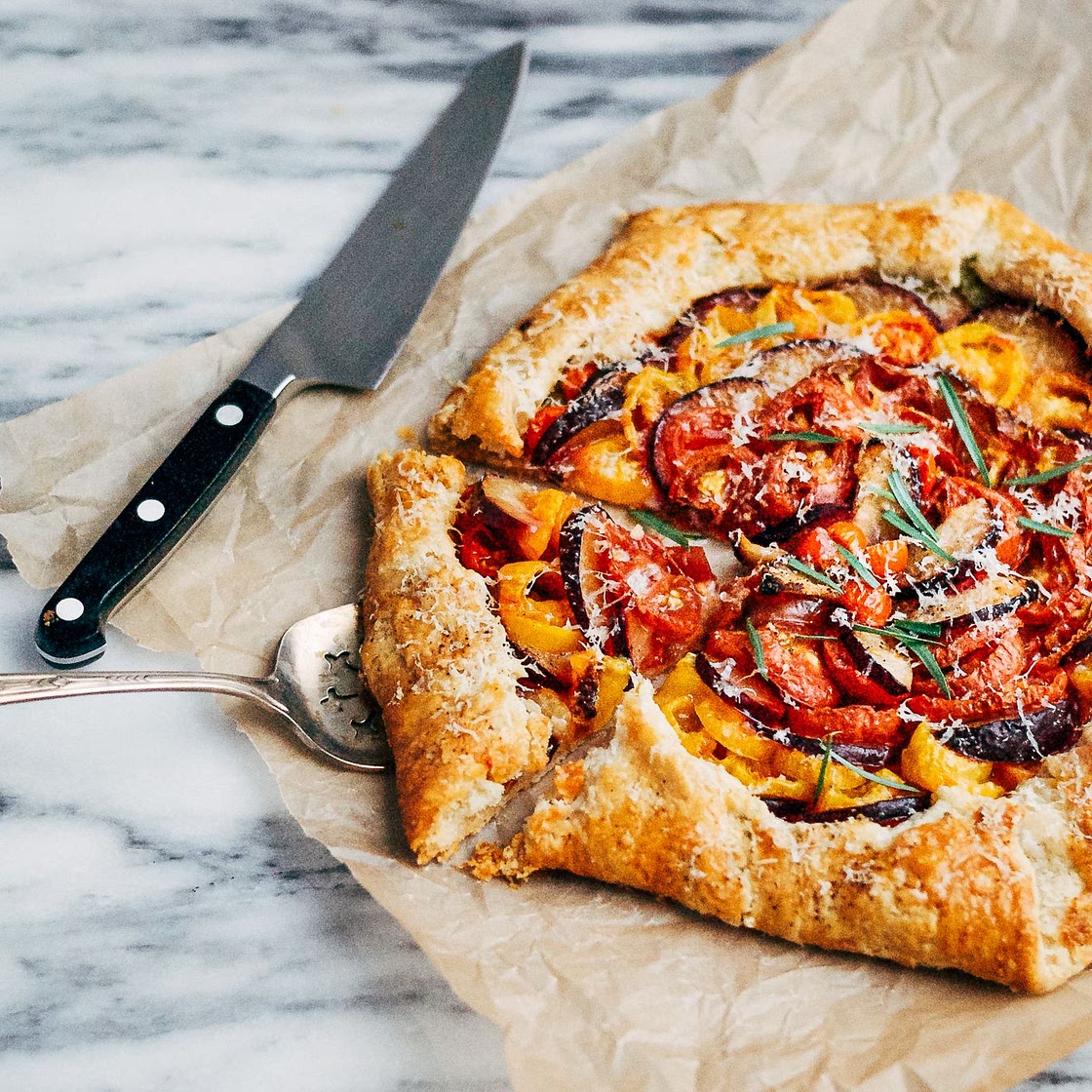 Tomato & Plum Galette with Black Pepper-Parmesan Crust