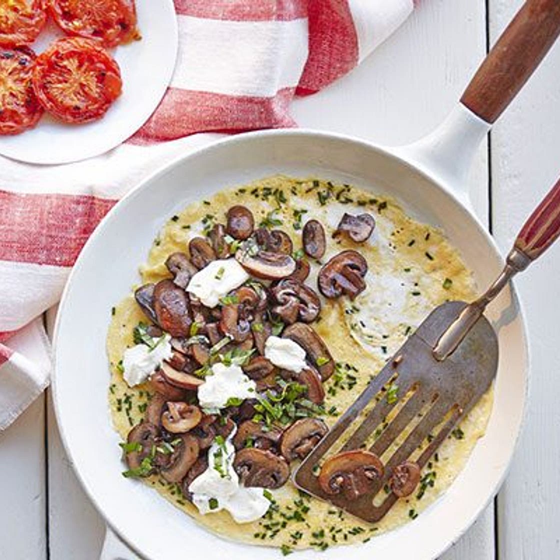 Mushroom & basil omelette with smashed tomato
