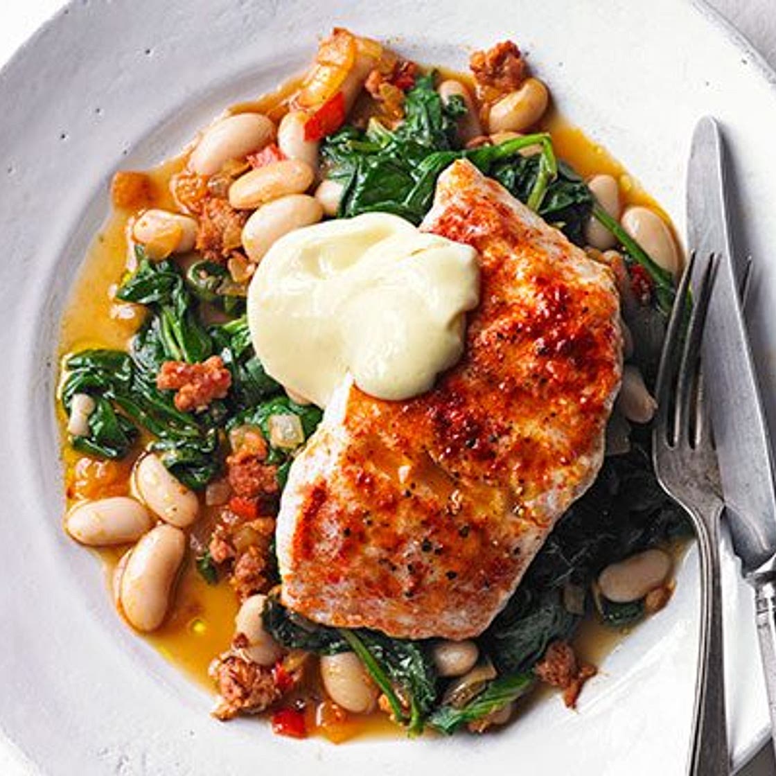 Smoky hake, beans & greens