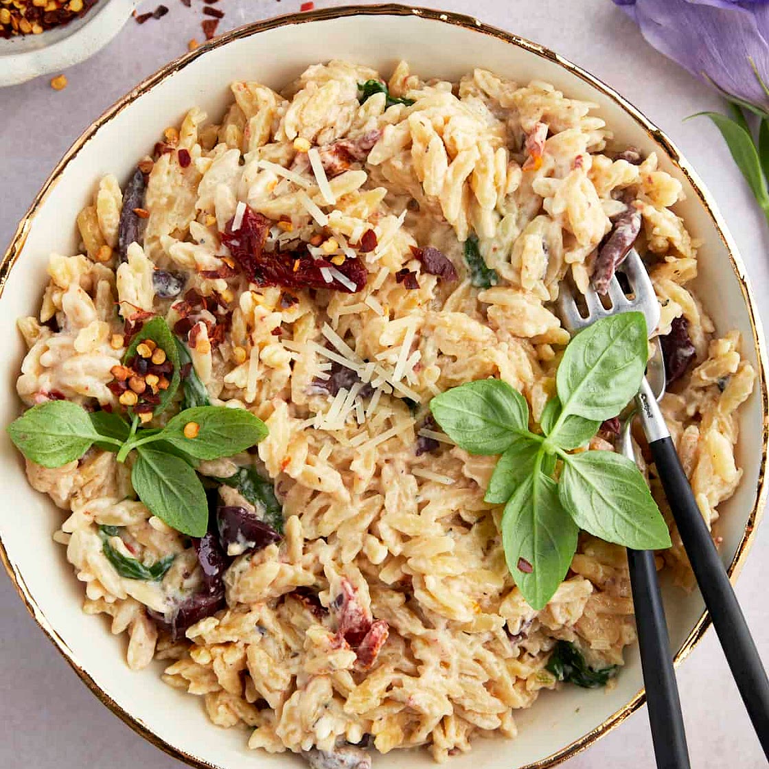Spinach and Sun-Dried Tomato Boursin Orzo Bake