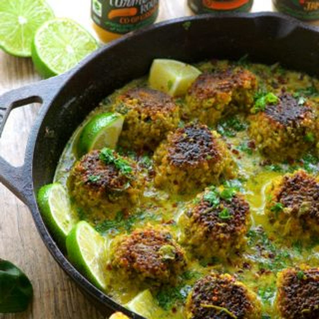 Cauliflower Quinoa Meatless Meatballs In Coconut Turmeric Sauce