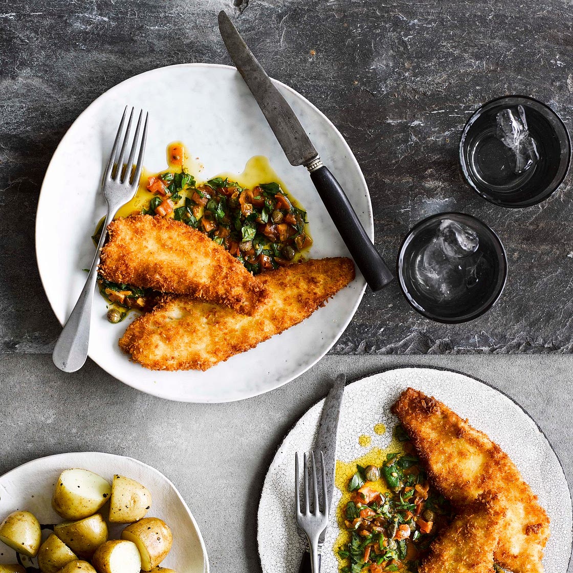 Breaded plaice with sauce vierge