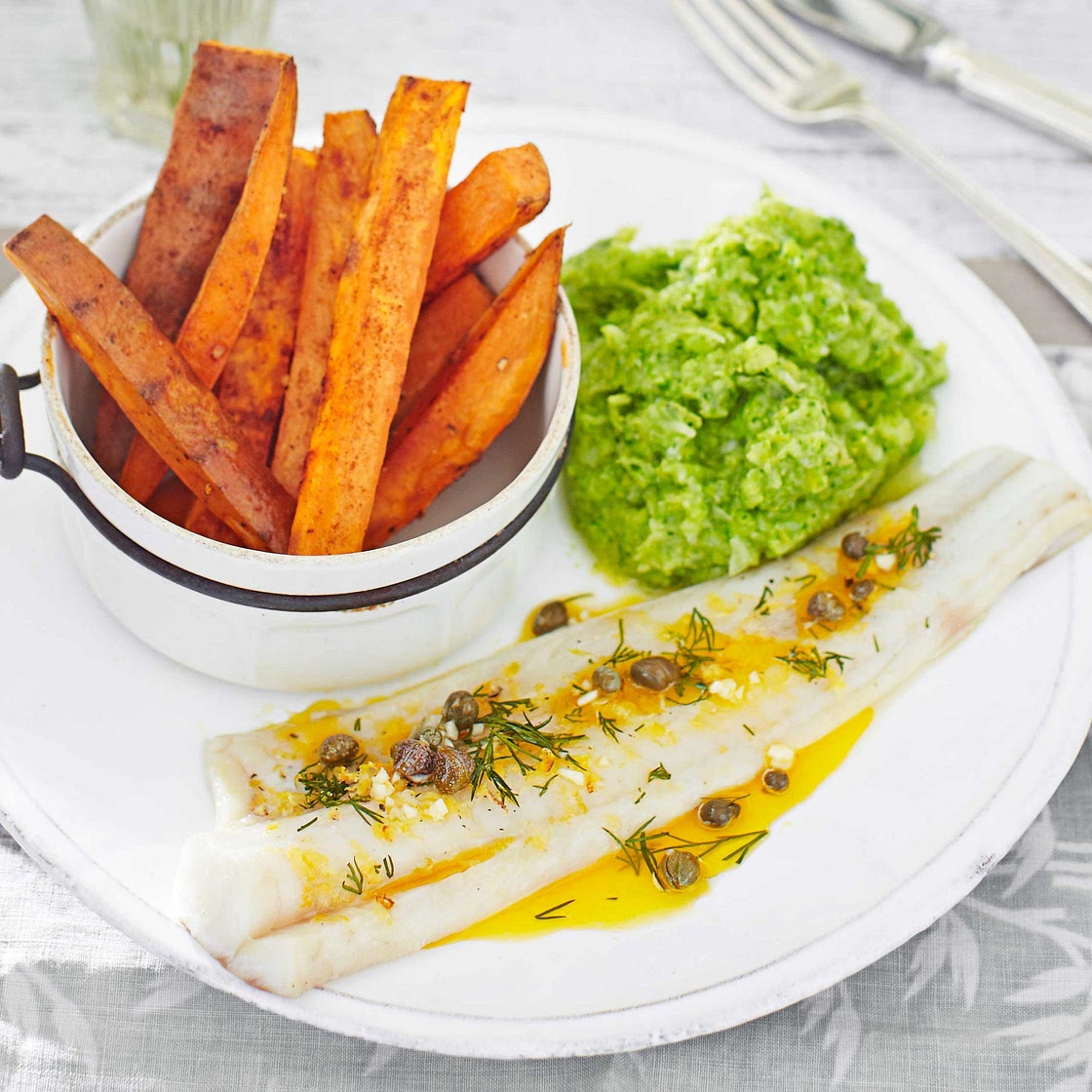 Lemon pollock with sweet potato chips & broccoli mash