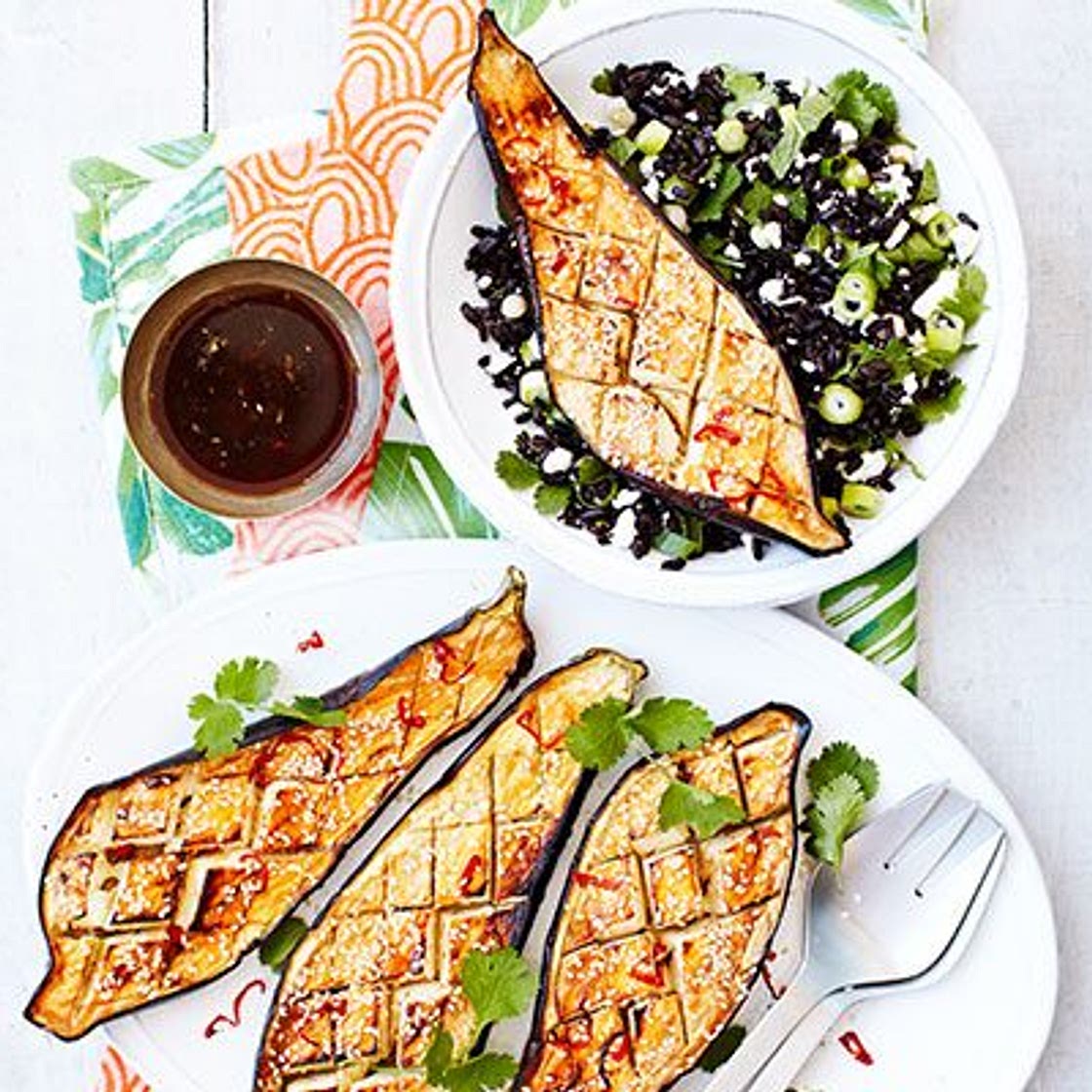 Tamarind aubergine with black rice, mint & feta