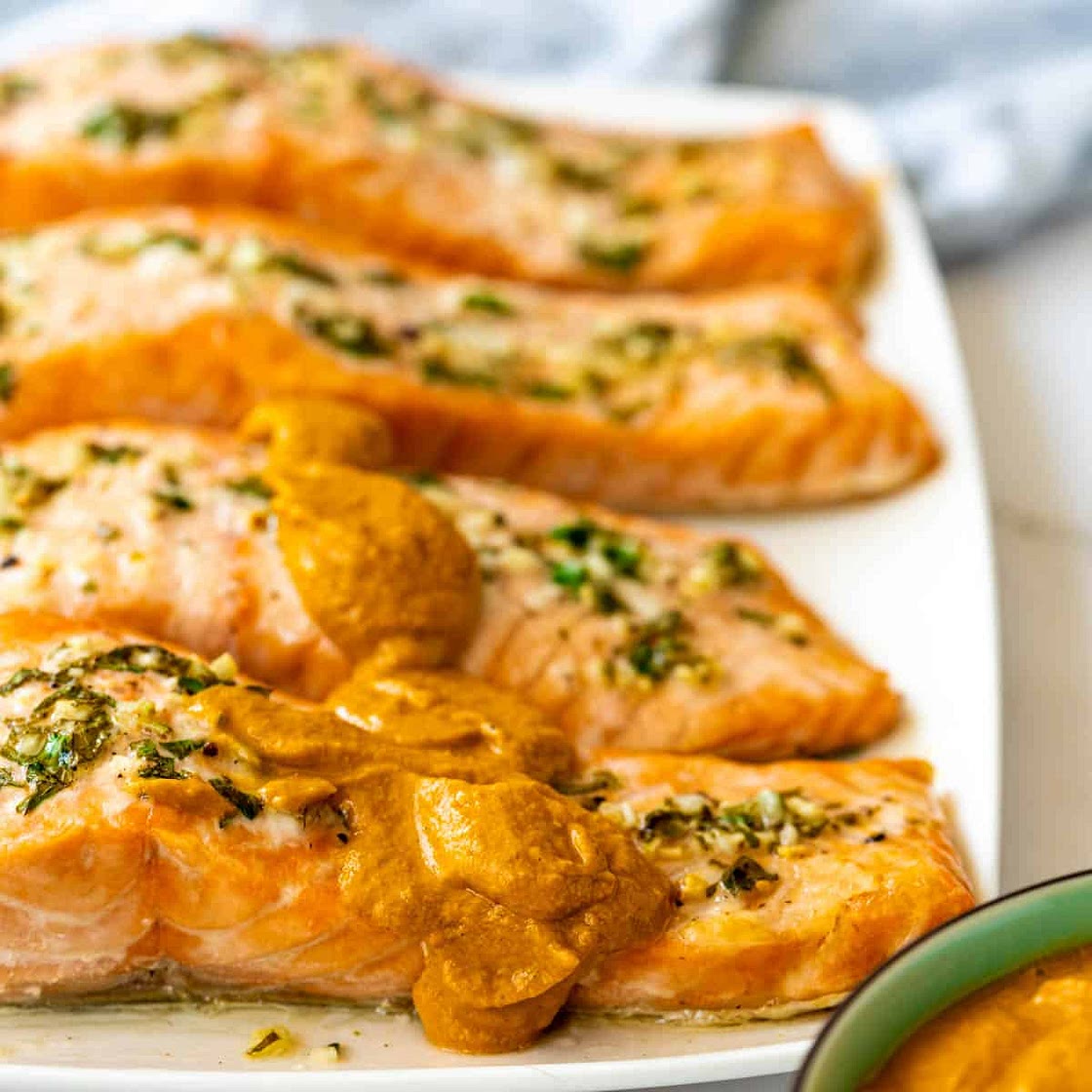 Baked Lemon Garlic Salmon Romesco