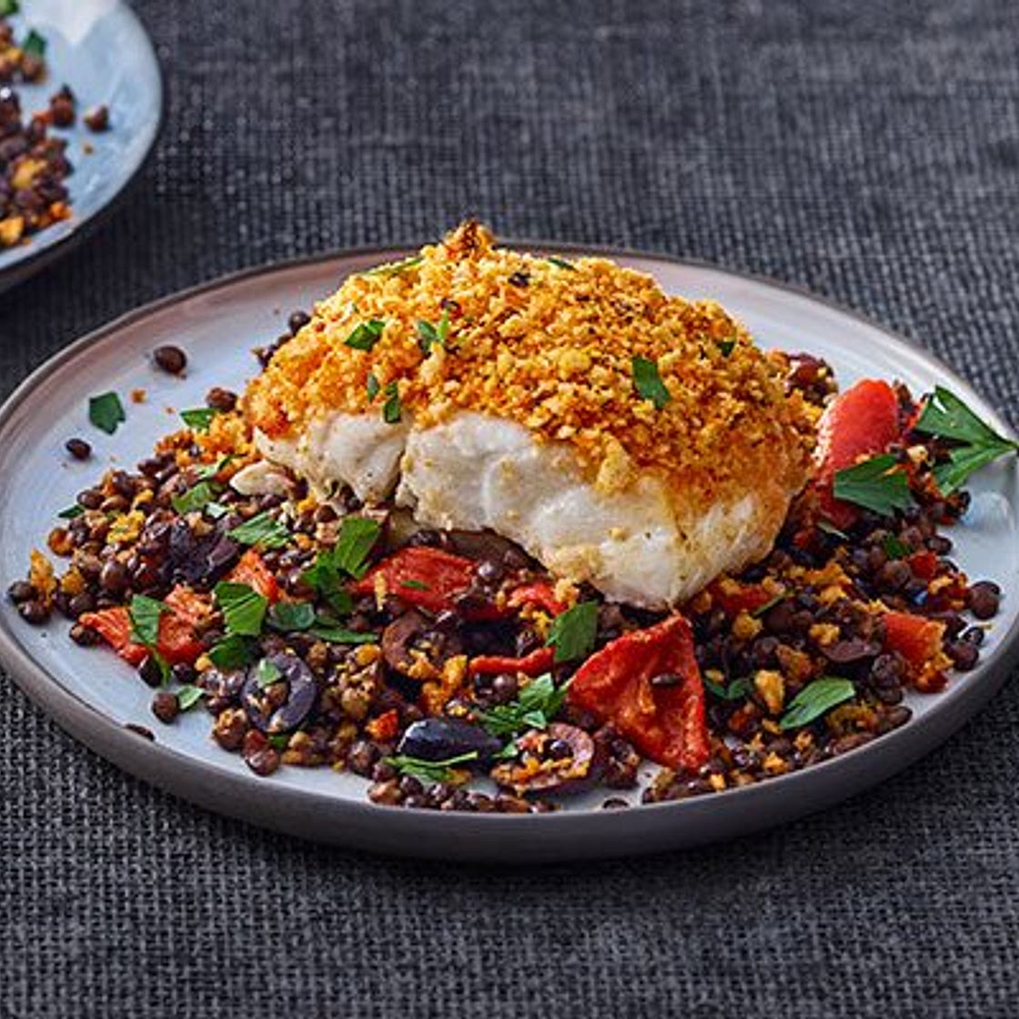 Harissa-crumbed fish with lentils & peppers