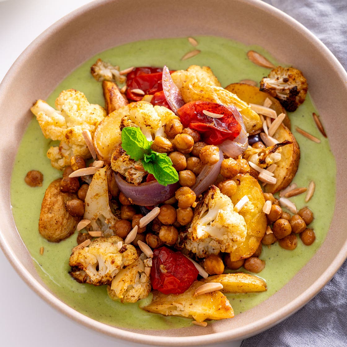 Curry Baked Veggies with Raita Sauce