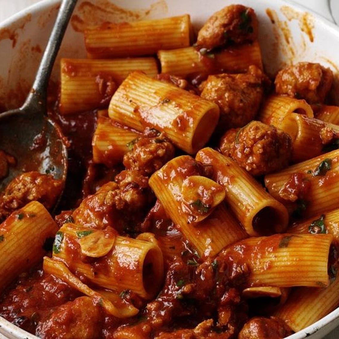 Pasta with smoky sausage ragu