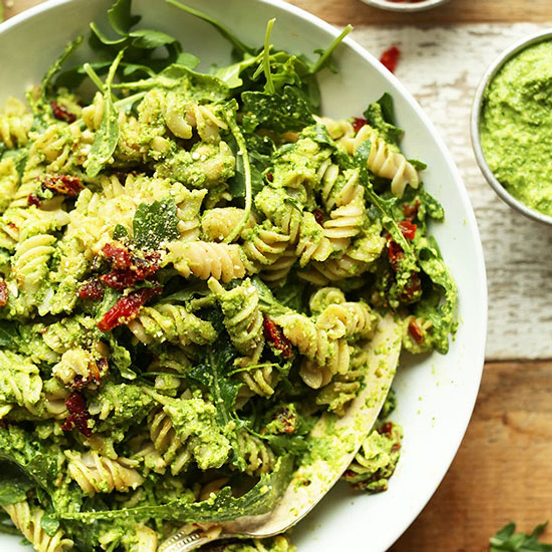 Pea Pesto Pasta with Sun-Dried Tomatoes & Arugula (Vegan + GF)