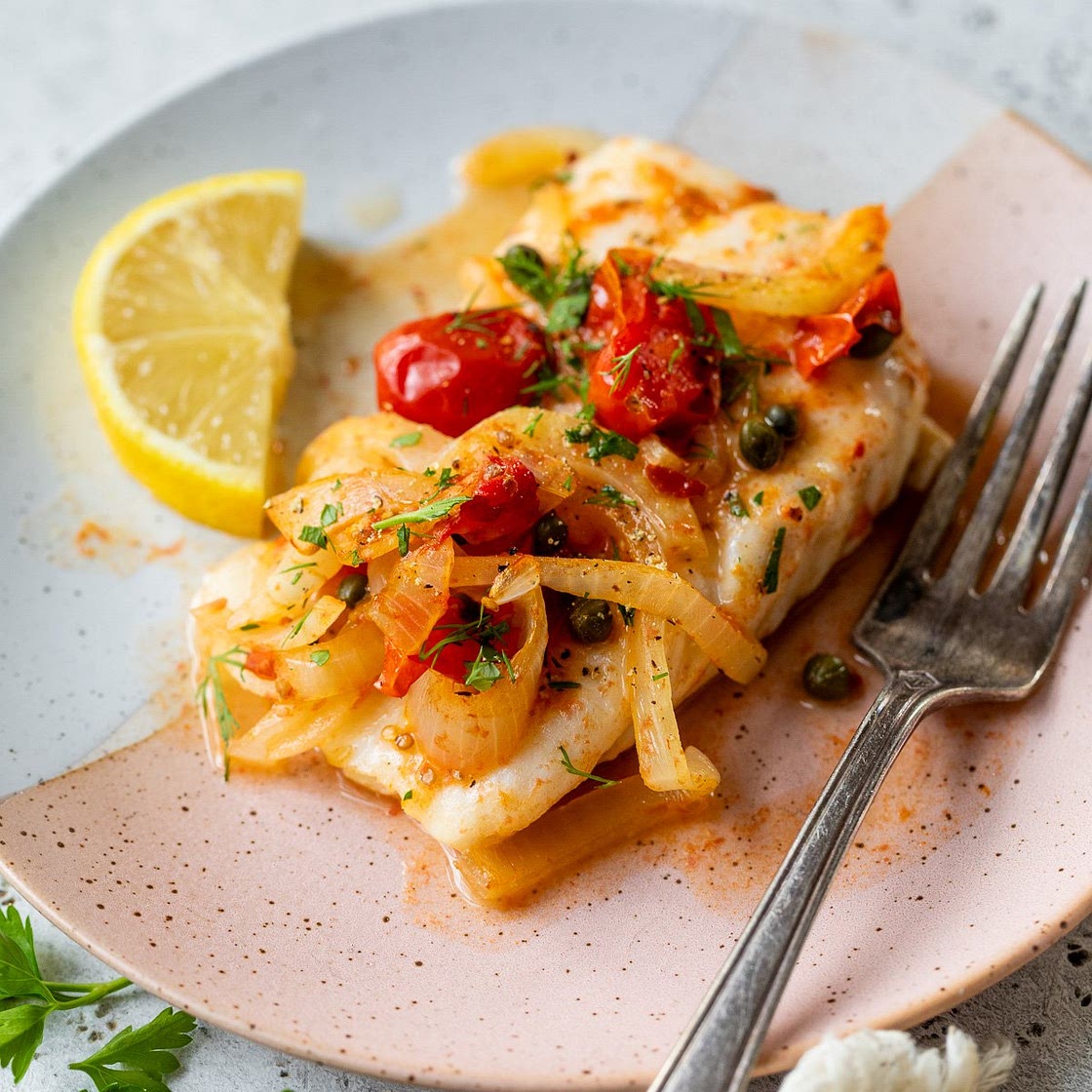 Baked Cod With Roasted Tomatoes and Lemon
