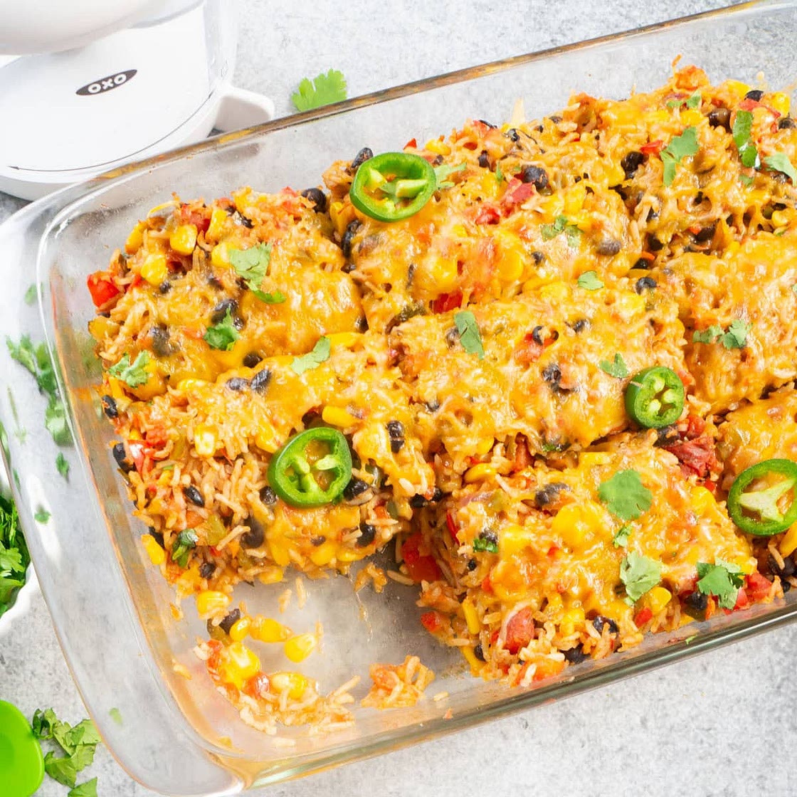 Healthy Vegetarian Mexican Casserole with Rice & Beans