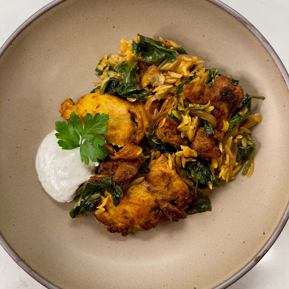 Chicken Shawarma Orzo with Yogurt Sauce