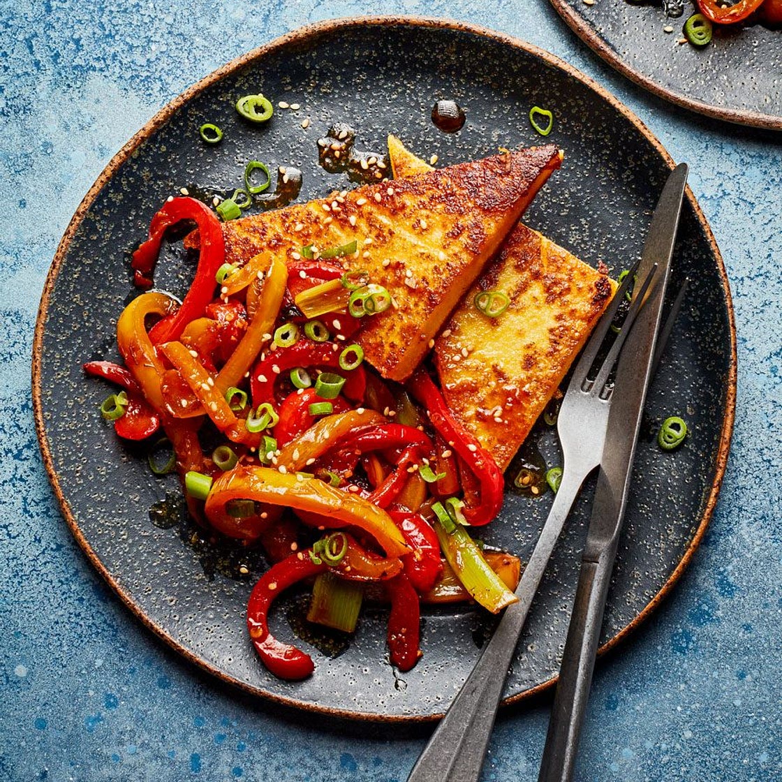 Miso polenta with soy peppers