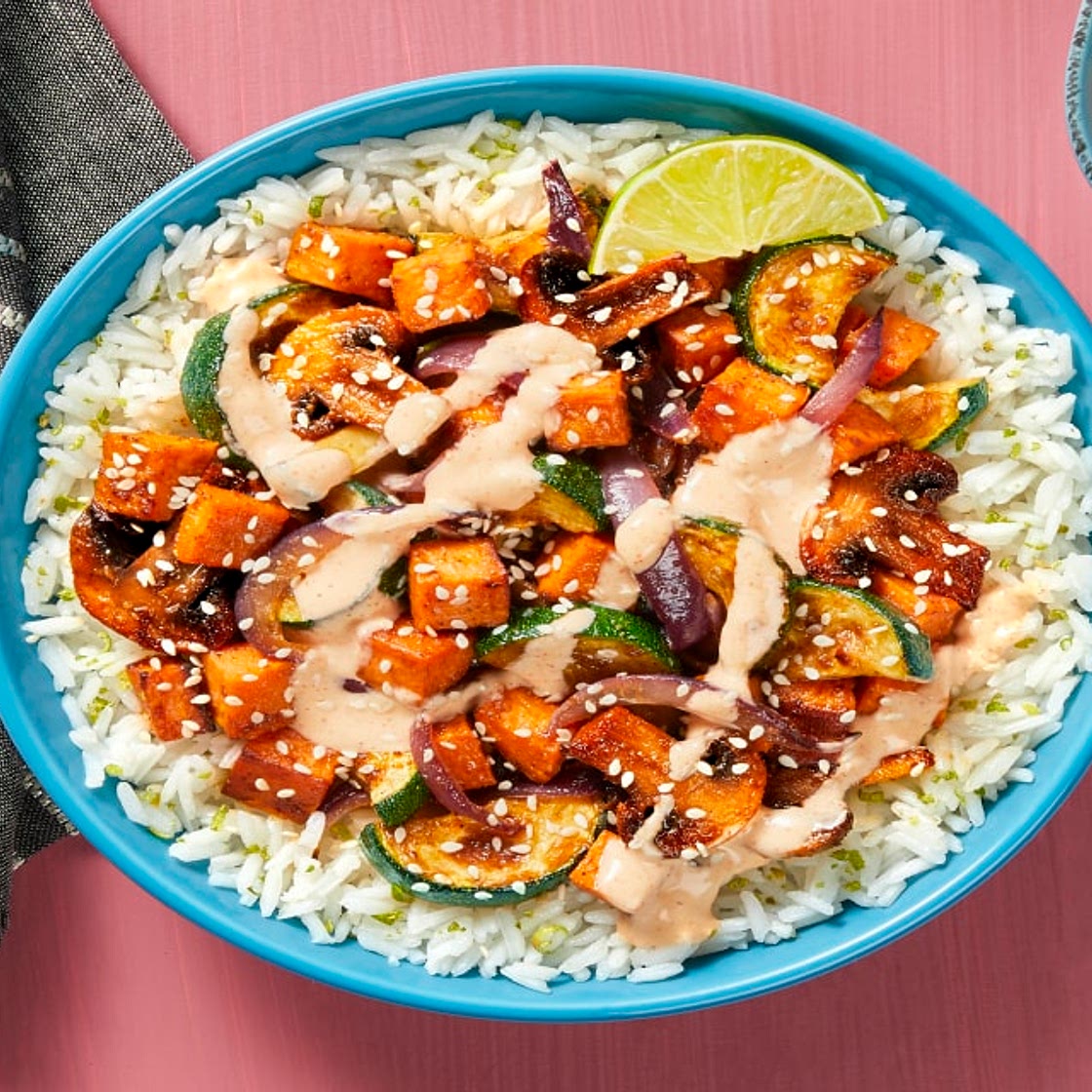 Honey Miso Sweet Potato ’Shroom Jumble over Lime Rice with Zucchini & Creamy Chili Sauce