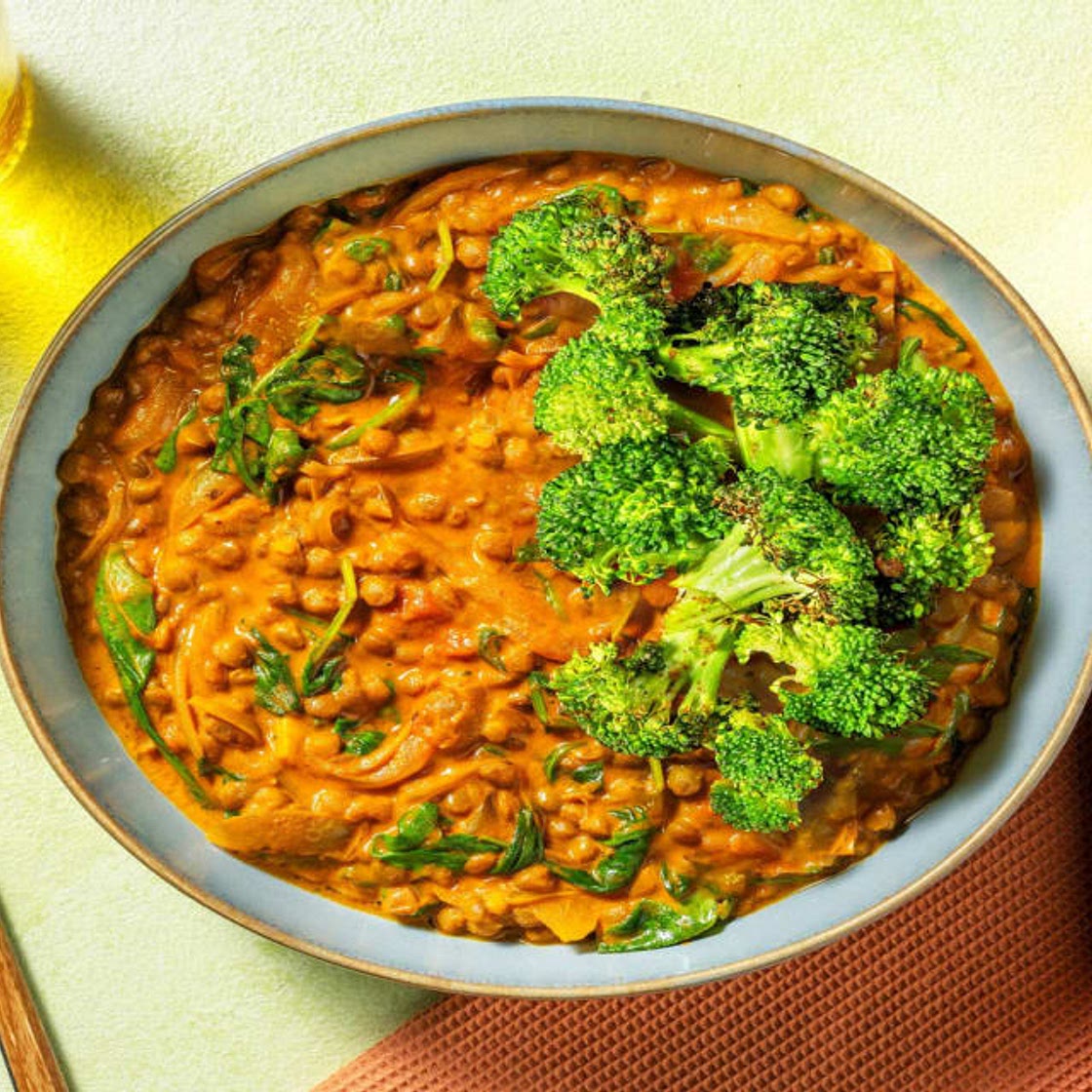 North Indian Style Broccoli & Lentil Dal with Caramelised Onion and Spinach