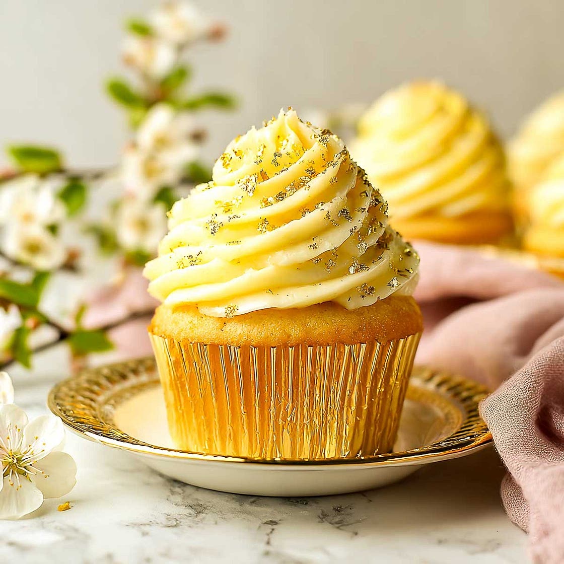 Saffron Vanilla Cupcakes with Gold Leaf Garnish
