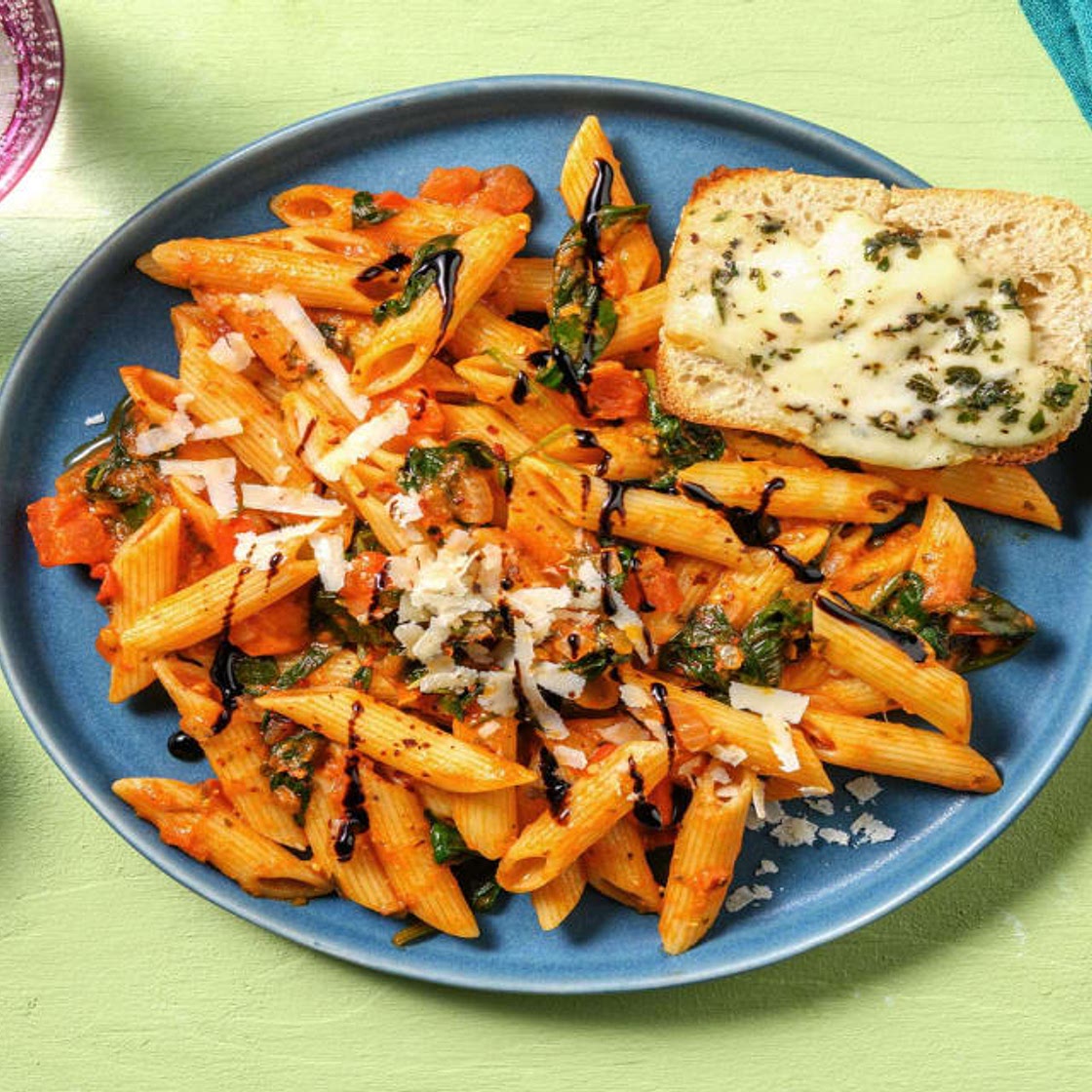Sun-Dried Tomato Pesto and Spinach Penne with Marinated Mozzarella and Garlic Ciabatta