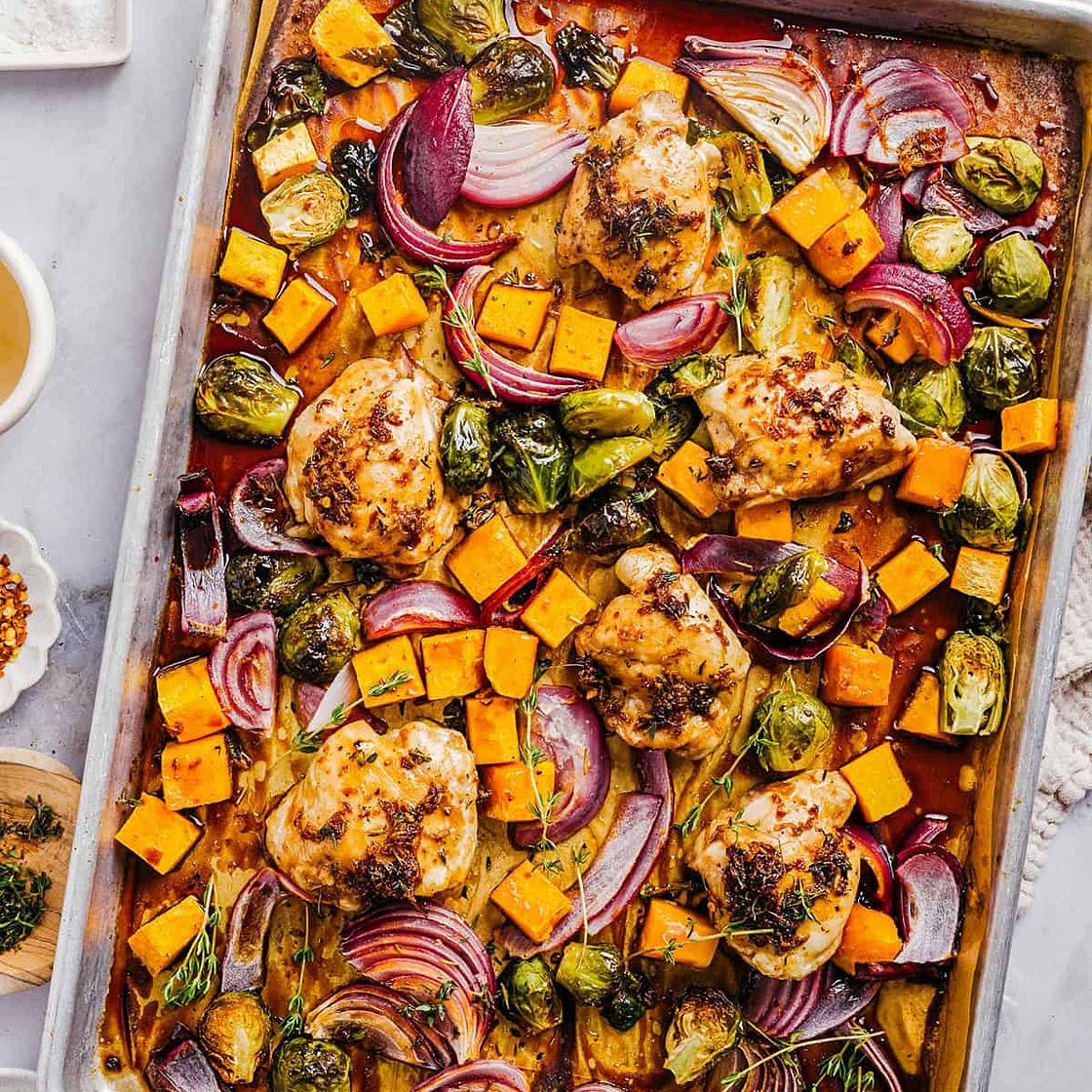 Sheet Pan Maple Glazed Chicken with Butternut Squash and Brussels Sprouts