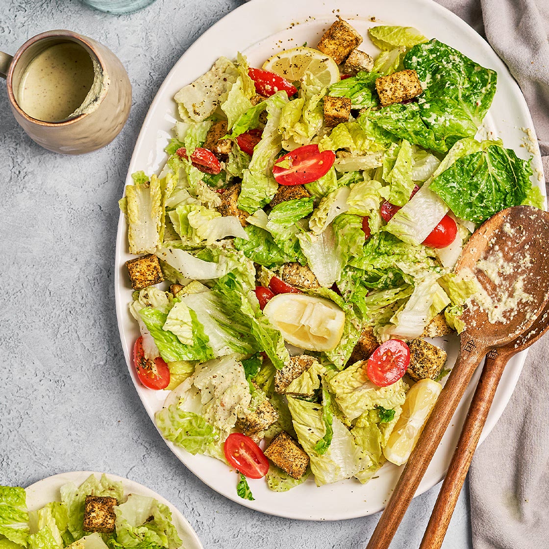 Vegan Caesar Salad with Crispy Baked Tofu