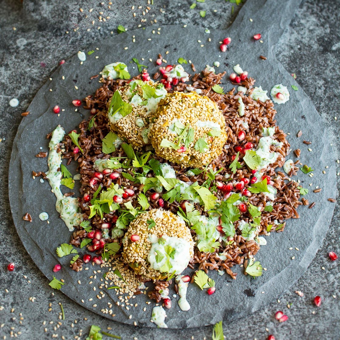 Spiced Chickpea Fritters with Wild Rice and Green Yogurt Sauce