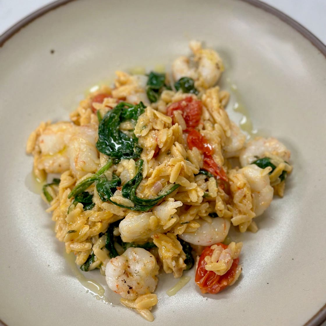 Tomato, Boursin, and Shrimp Baked Orzo