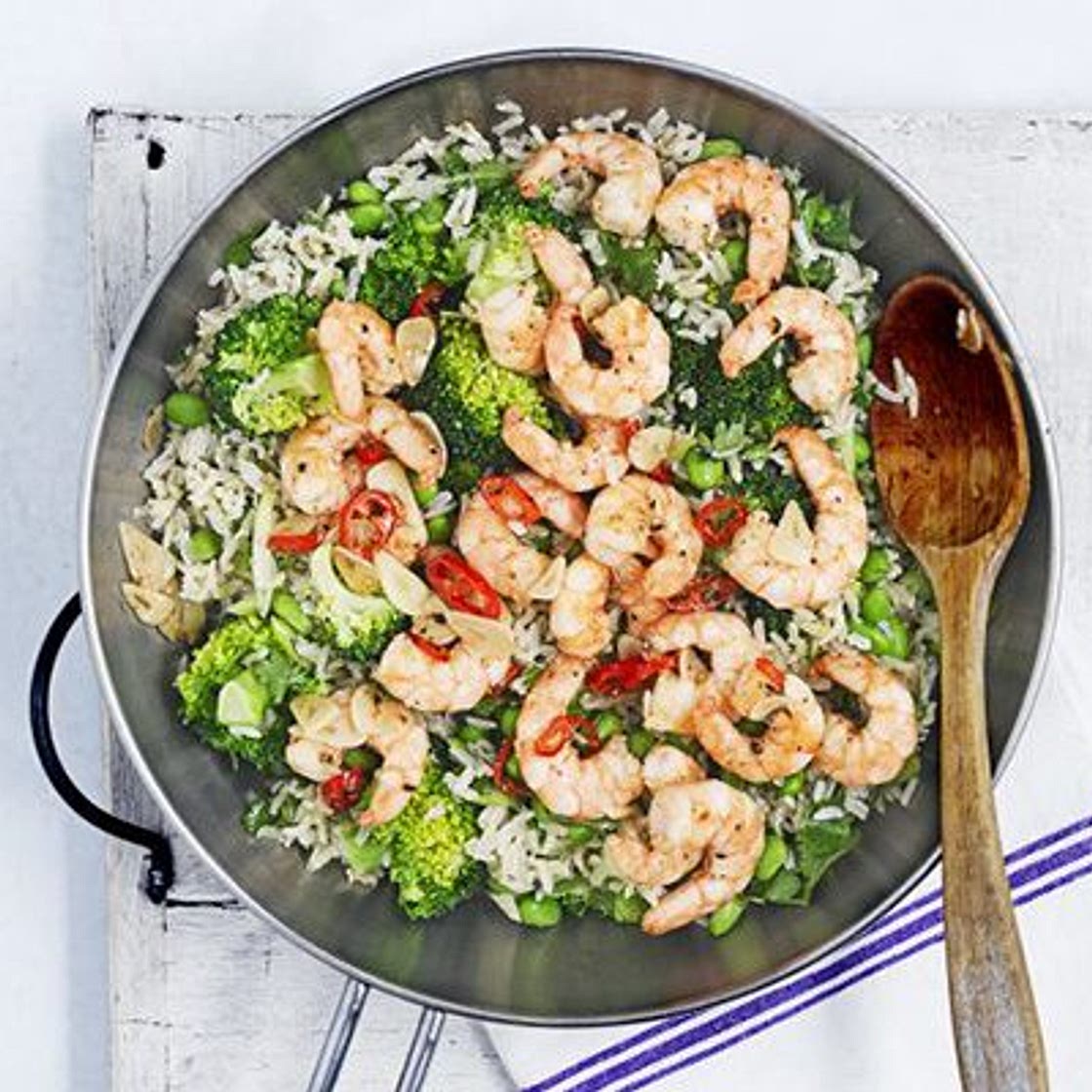 Miso brown rice & broccoli salad with fiery prawns
