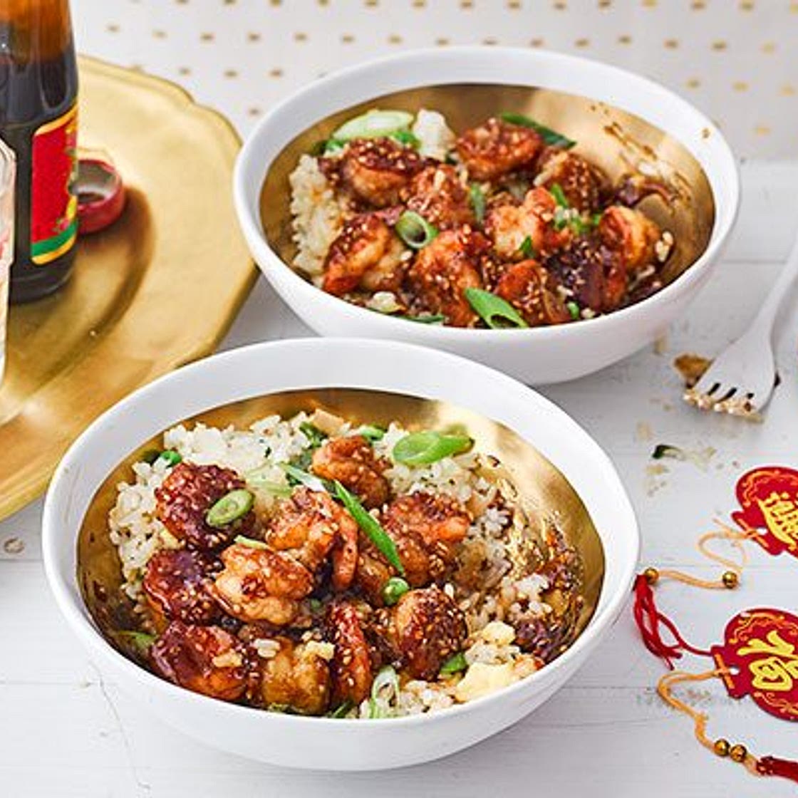 Honey, sesame & orange king prawns