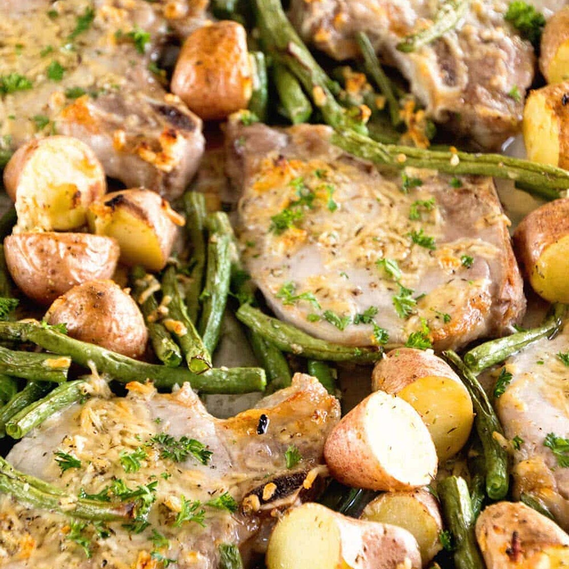 One Pan Parmesan Pork Chops and Veggies Recipe