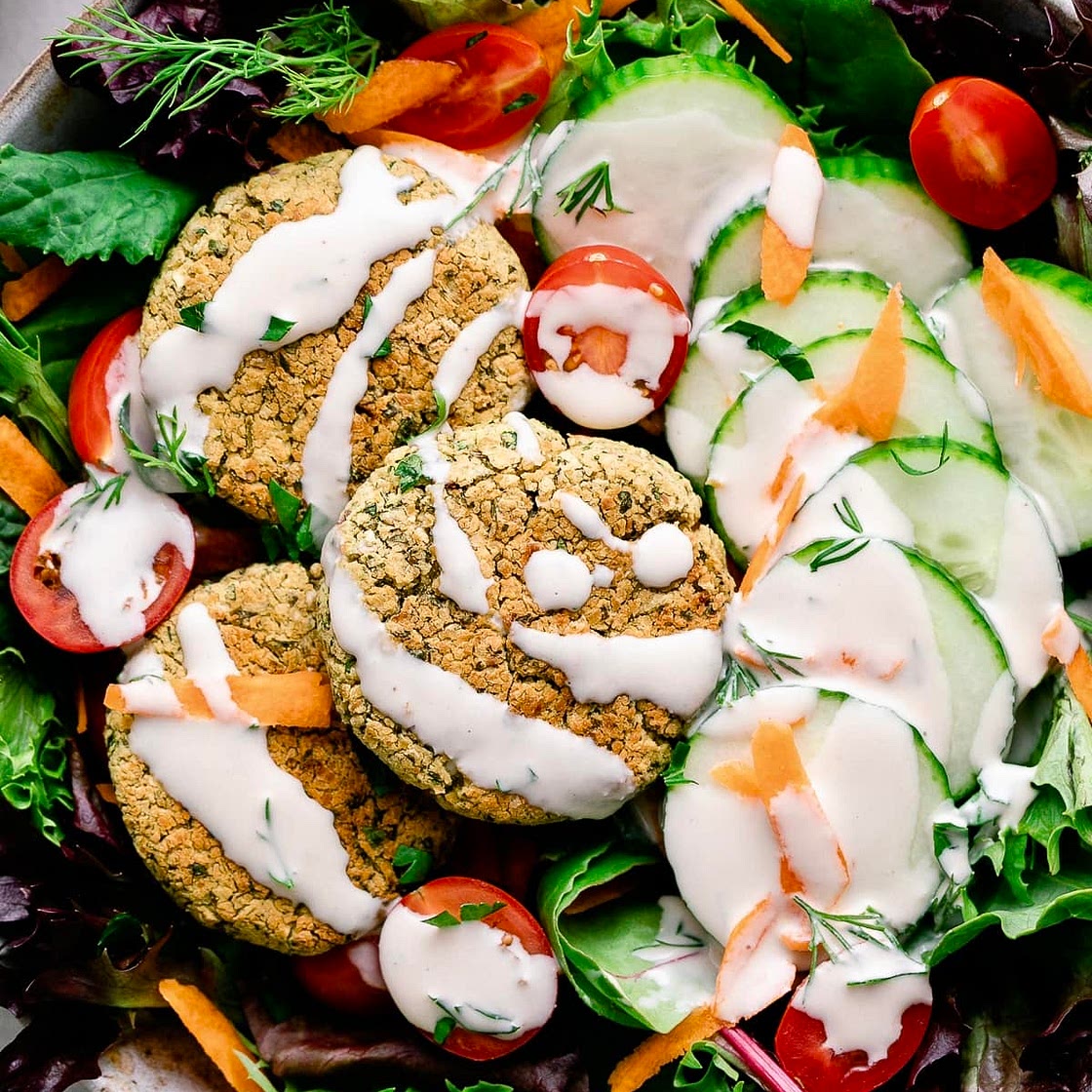 Baked Falafel Salad + Two Creamy Dressings