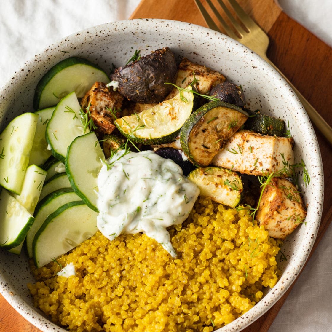 mediterranean tofu buddha bowl (high protein + vegan)