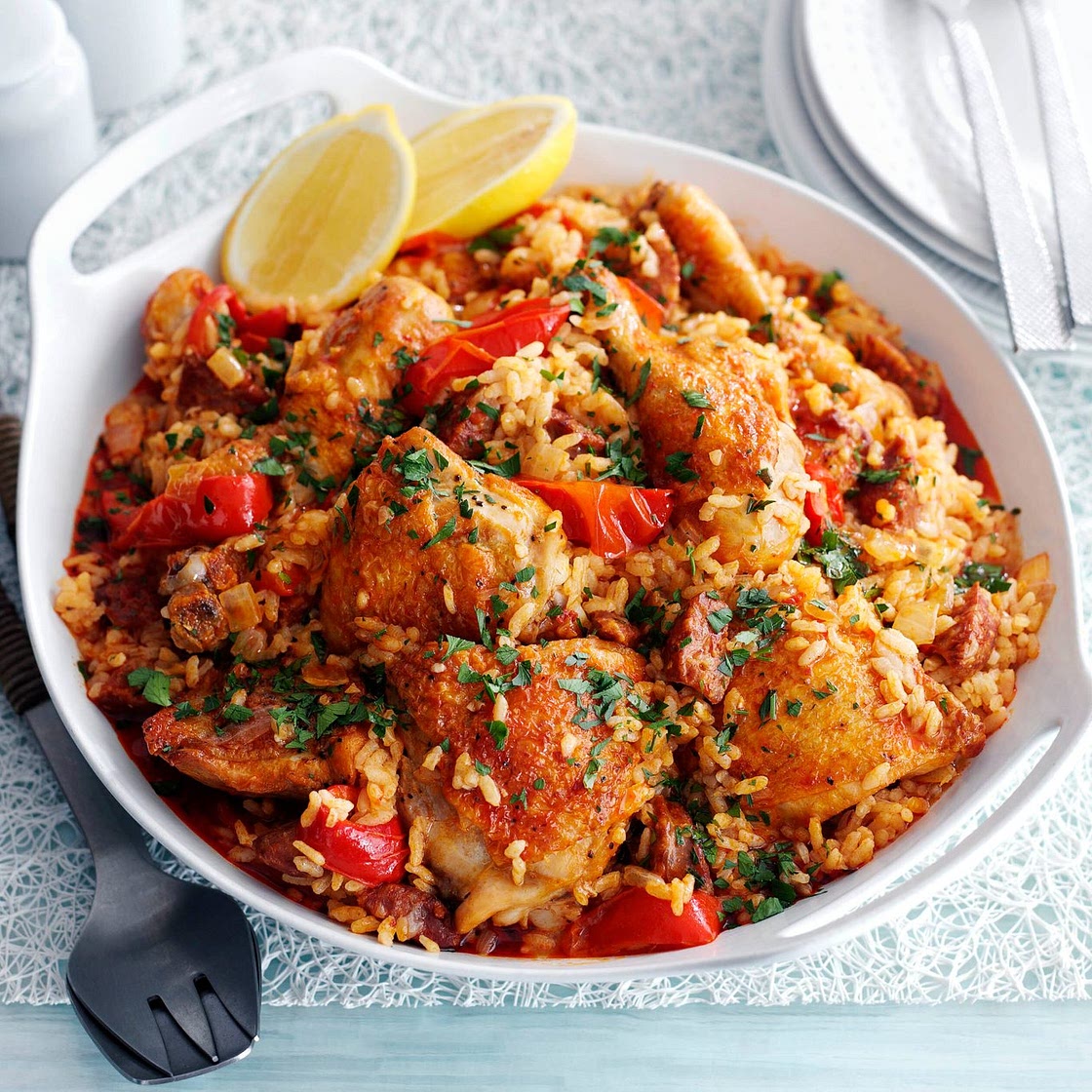 Baked Spanish rice with chicken and chorizo