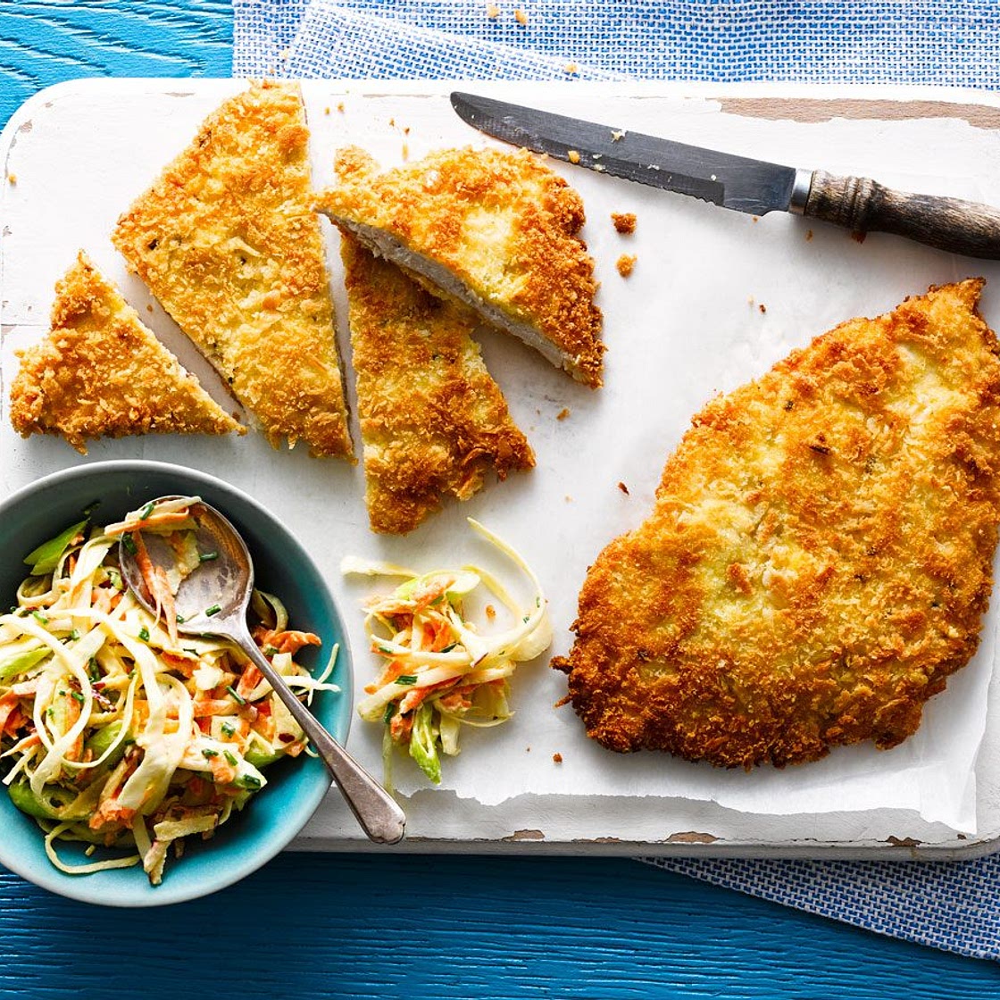 Chicken schnitzel with coleslaw