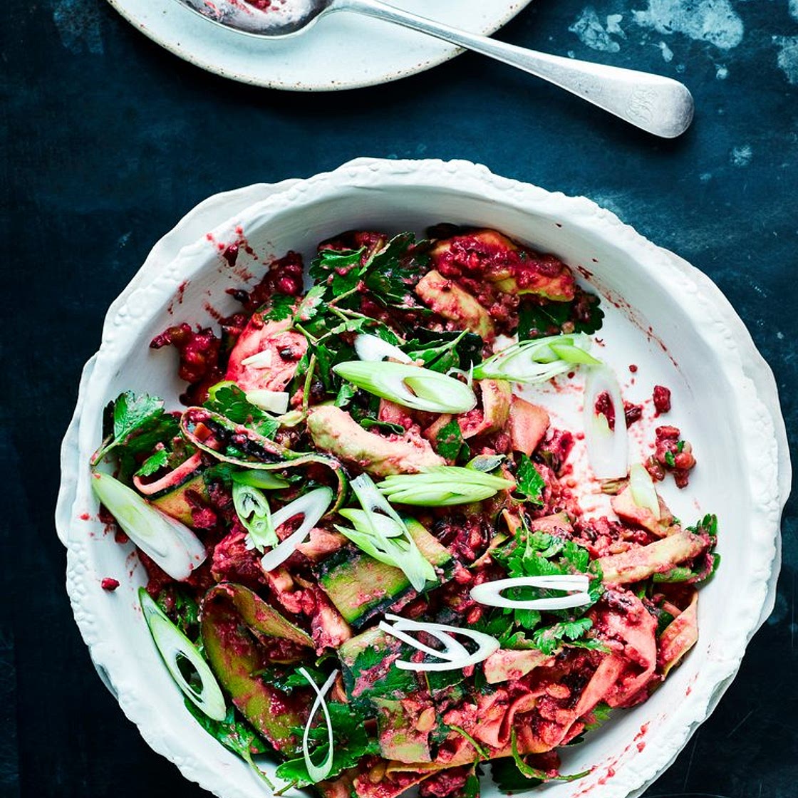 Red rice, courgette and avocado salad with blitzed beetroot dressing