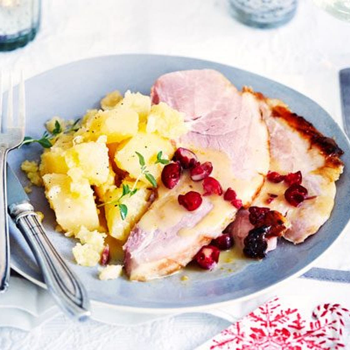 Candied roast ham with cranberry & star anise sauce