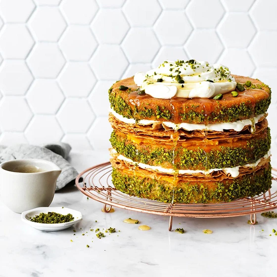 Pistachio and apricot baklava cake