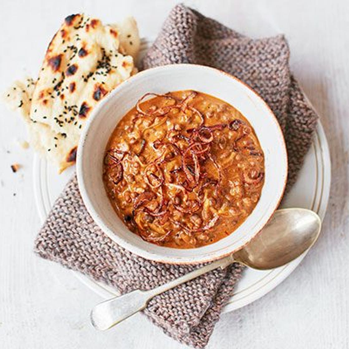 Creamy black dhal with crispy onions