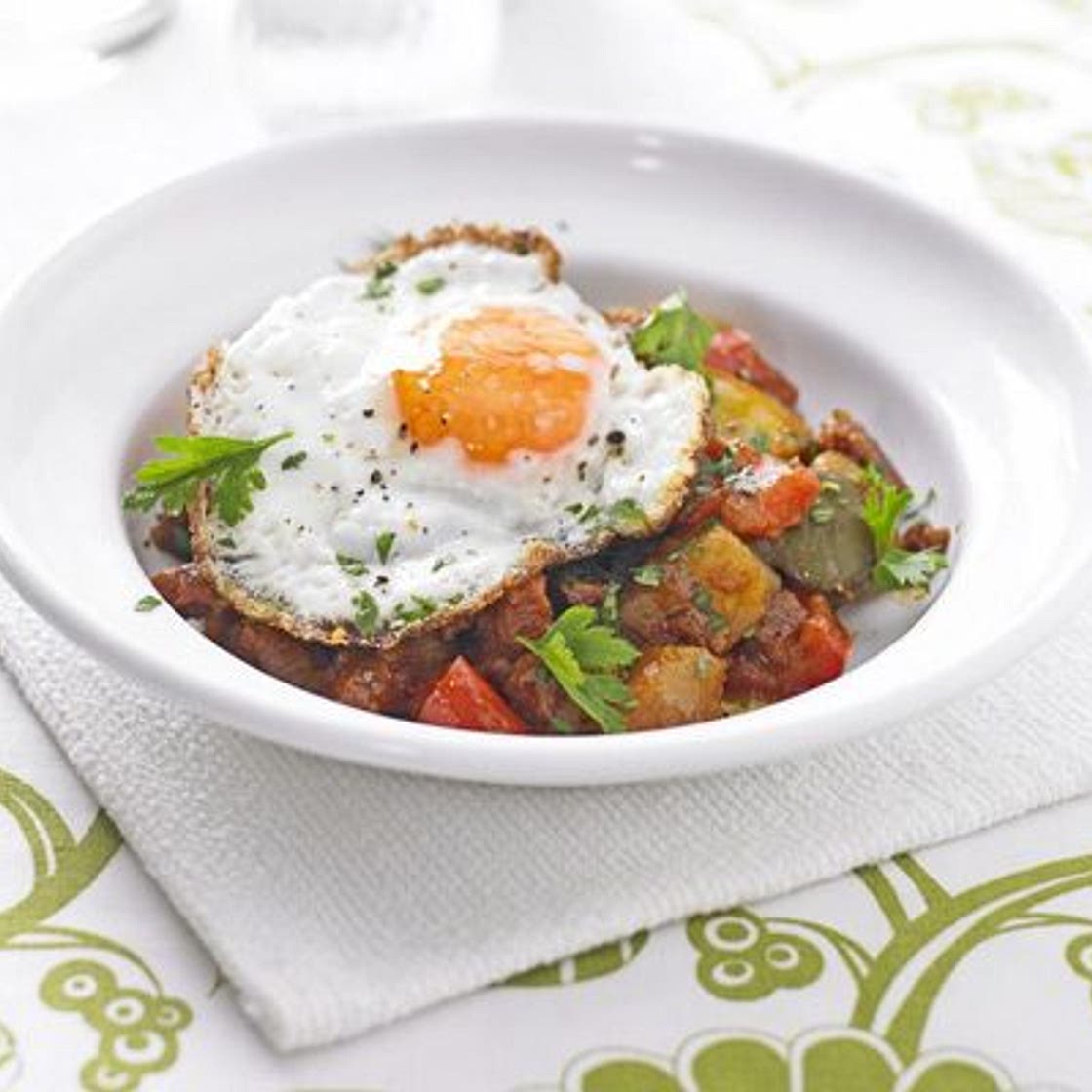 Potato, pepper & chorizo stew with fried eggs