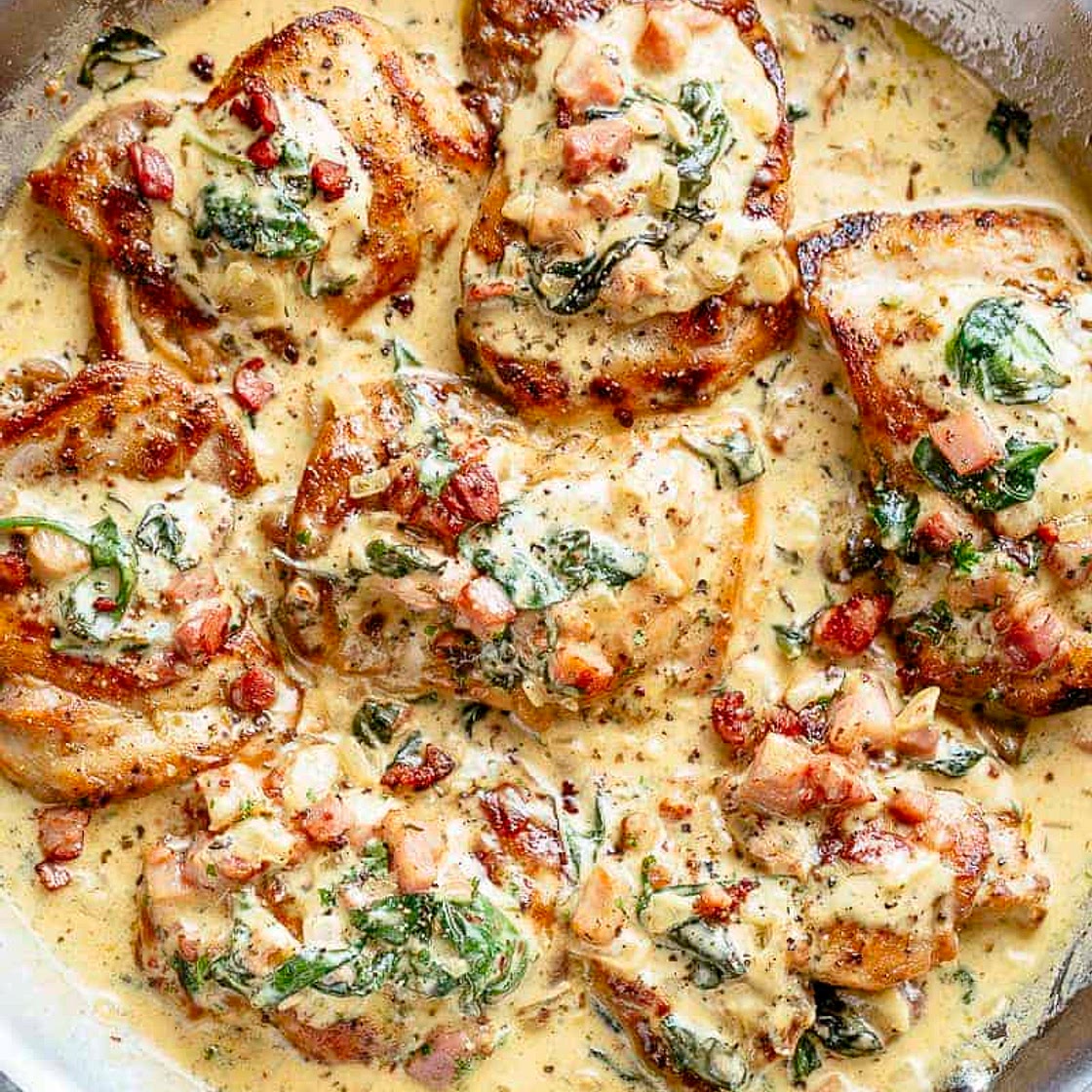 Creamy Dijon Chicken Thighs with Bacon and Spinach