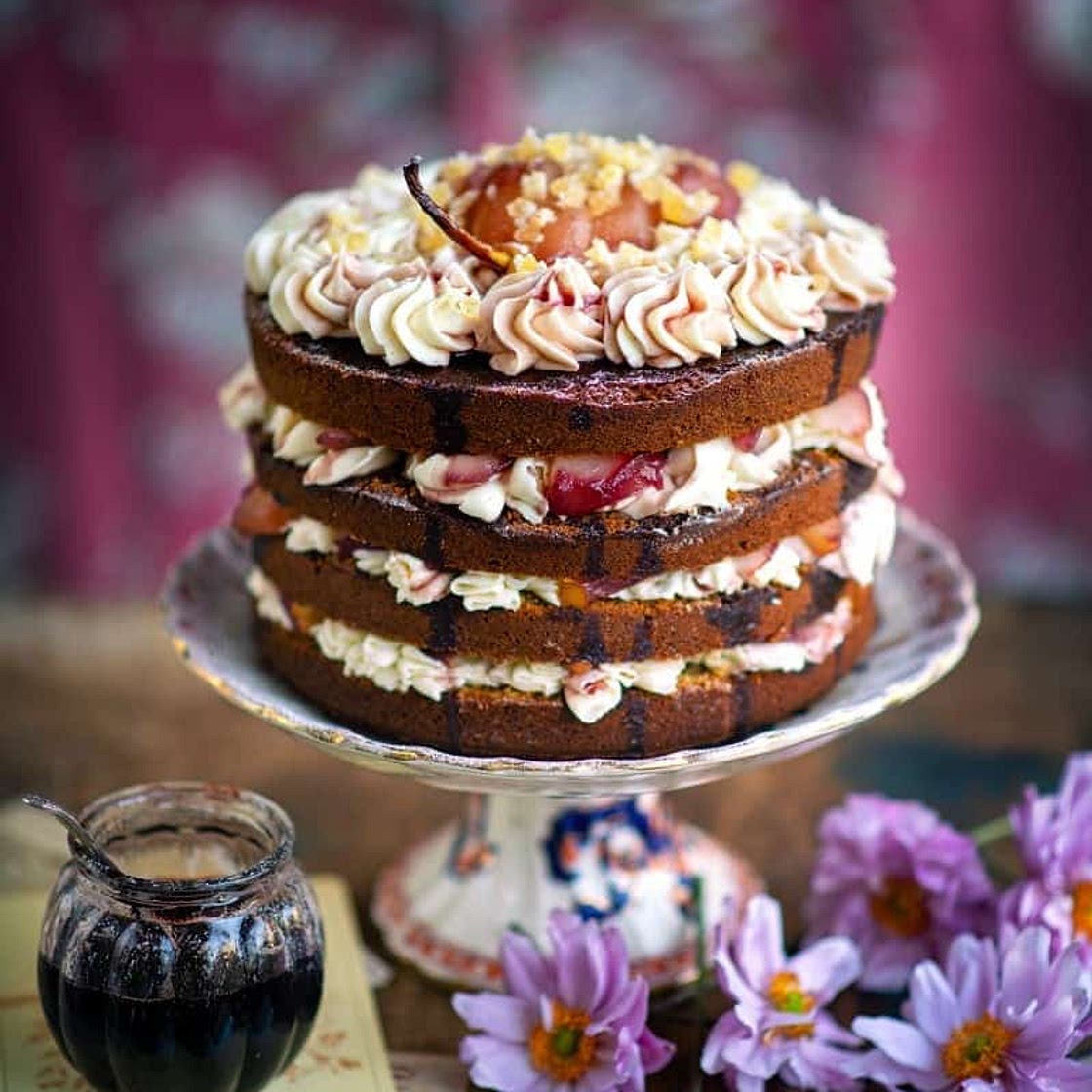 Ginger cake with wine poached pears and cream cheese frosting