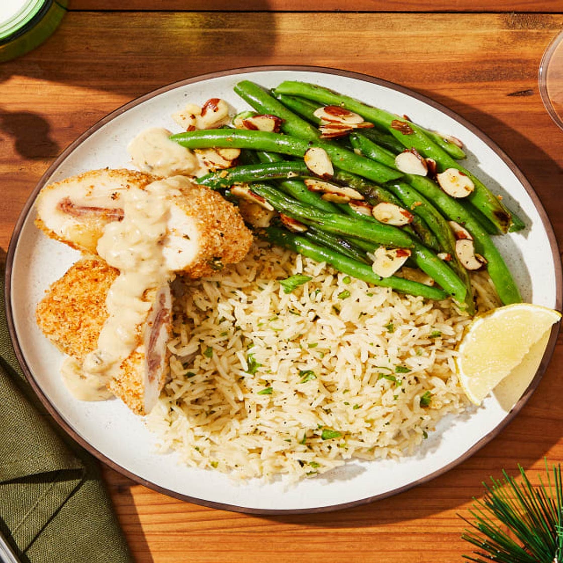 Chicken & Prosciutto Cordon Bleu with Green Beans Amandine & Herbed Rice Pilaf