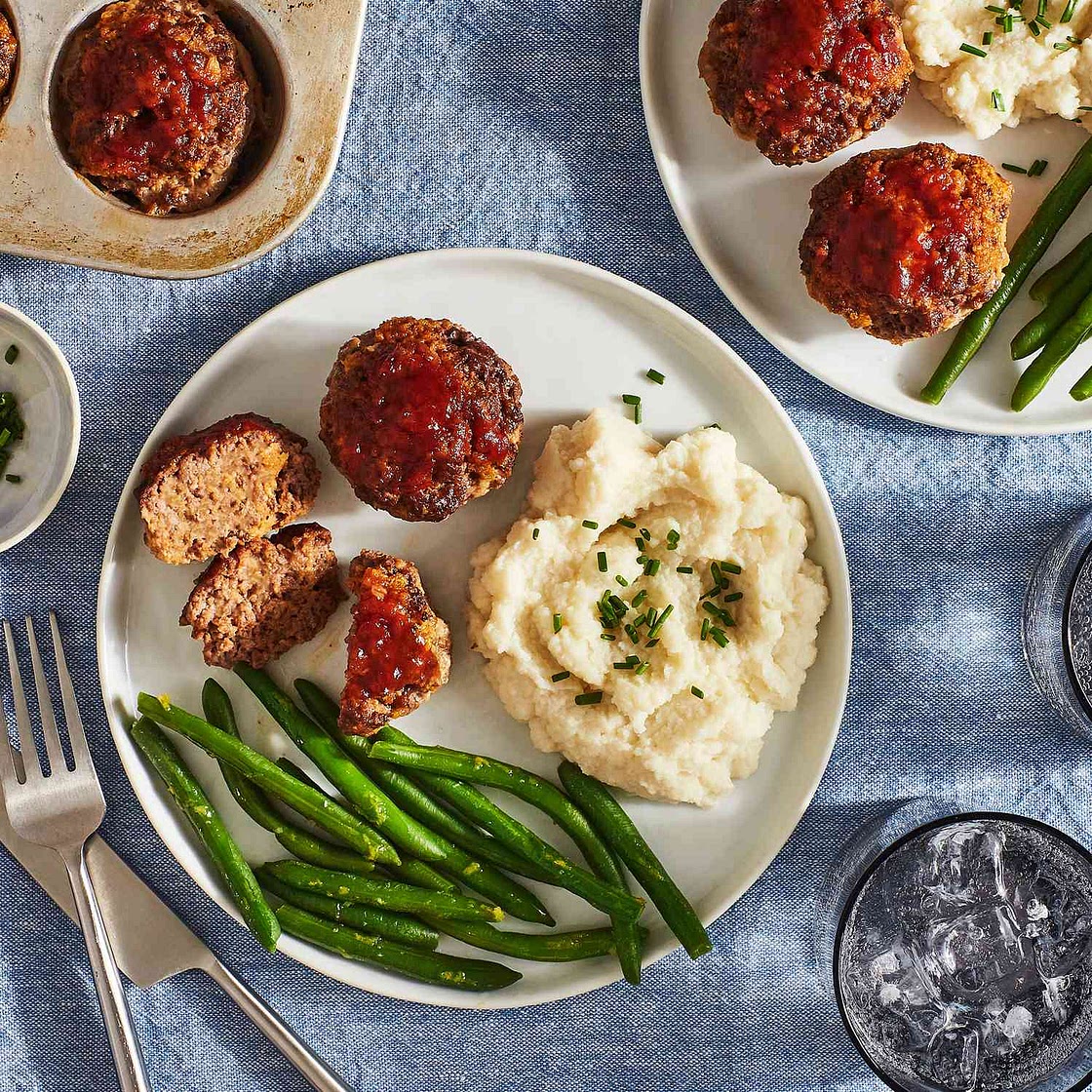 30-Minute Mini Meatloaves with Whipped Cauliflower & Green Beans