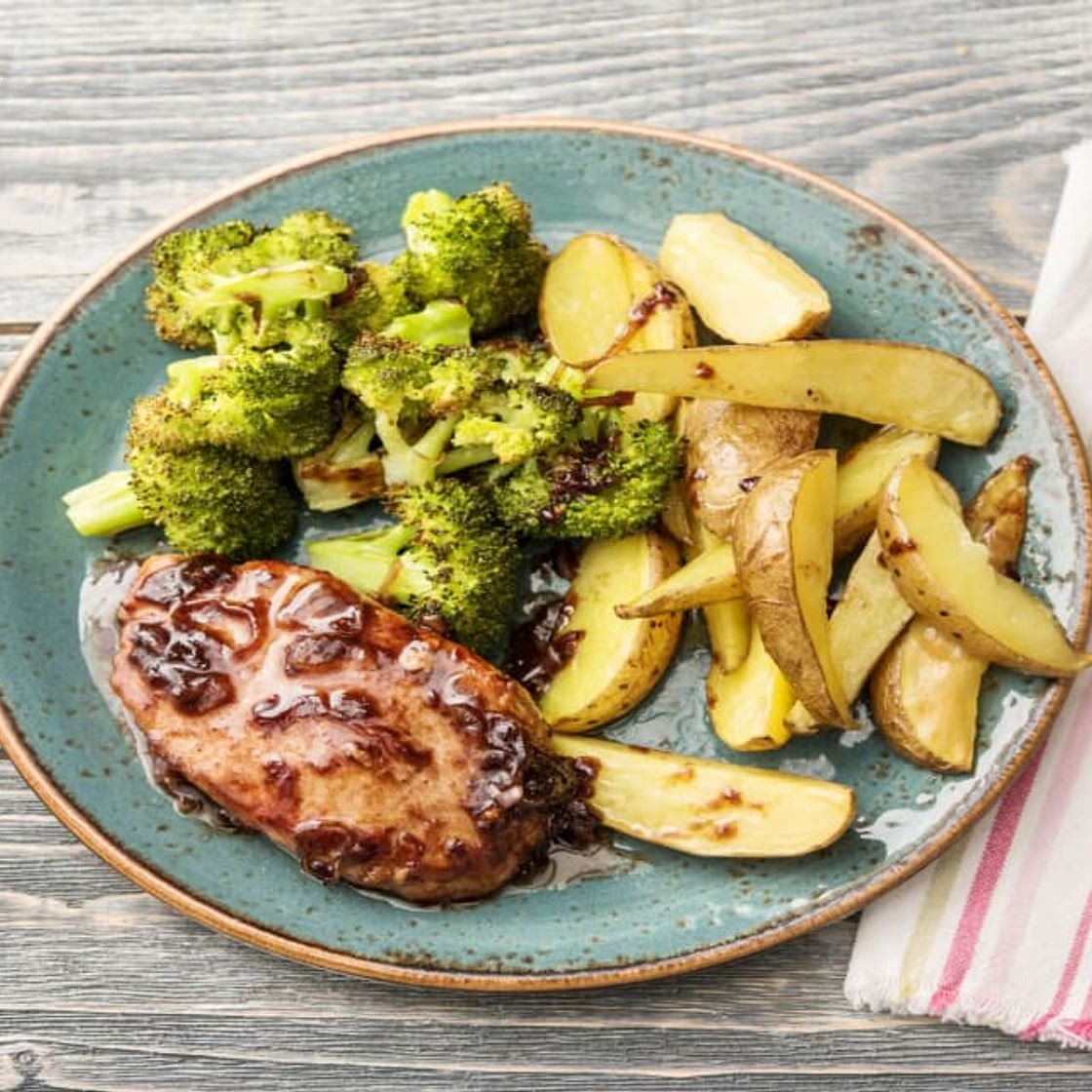 Cherry-and-Balsamic-Glazed Pork Chops with Crispy Broccoli and Potatoes