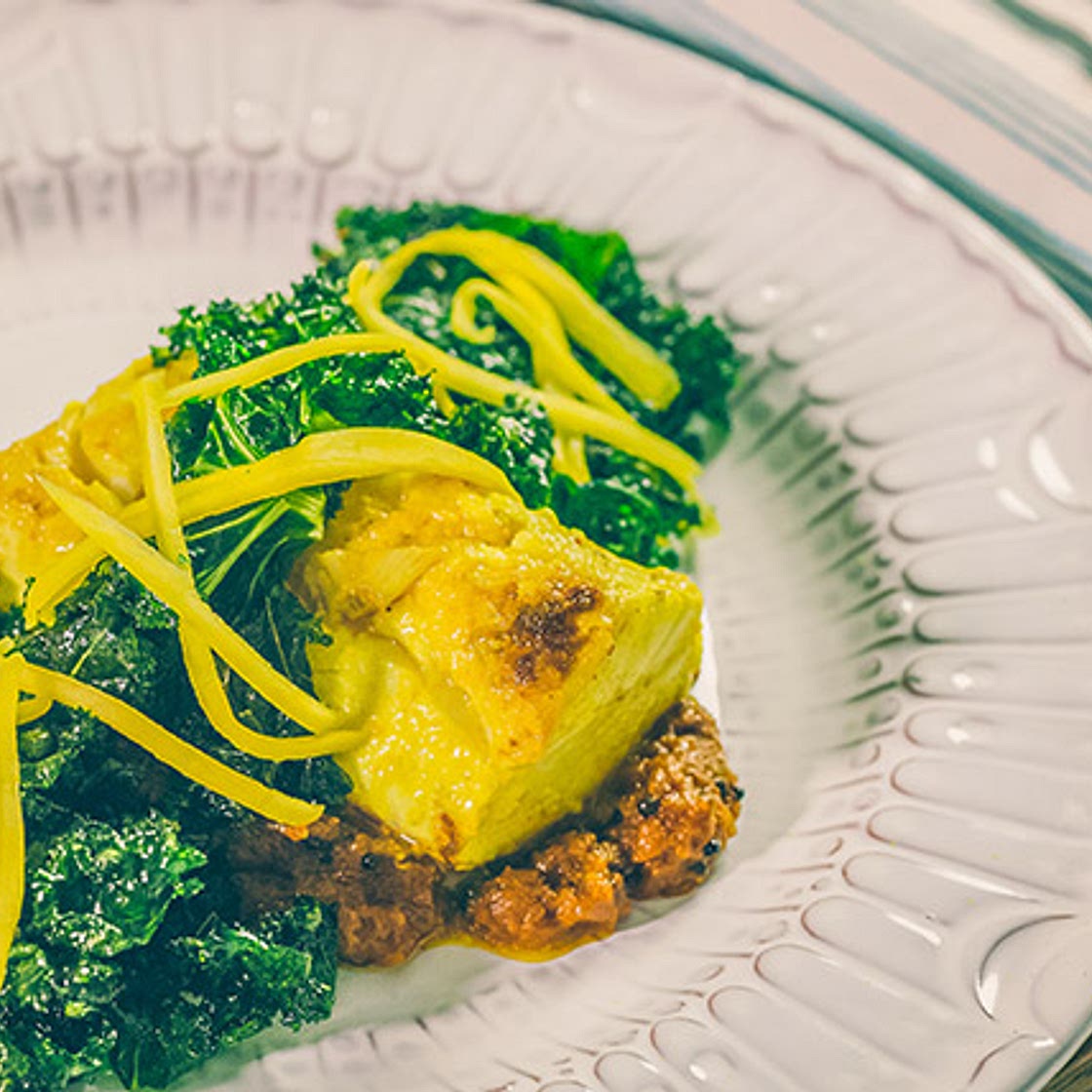Kasundi Halibut with Cumin Kale Crisps