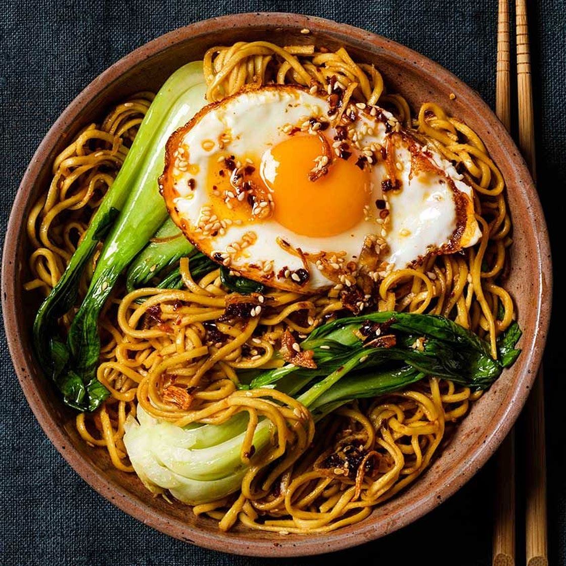 Noodles with crispy chilli oil eggs