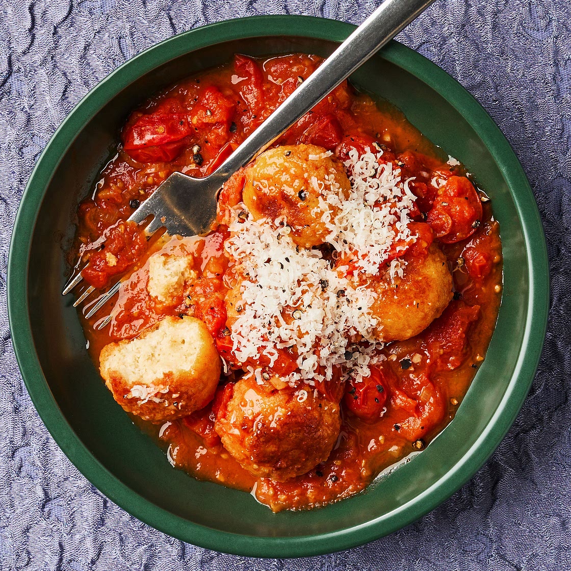 Tofu Meatballs in Burst Tomato Sauce